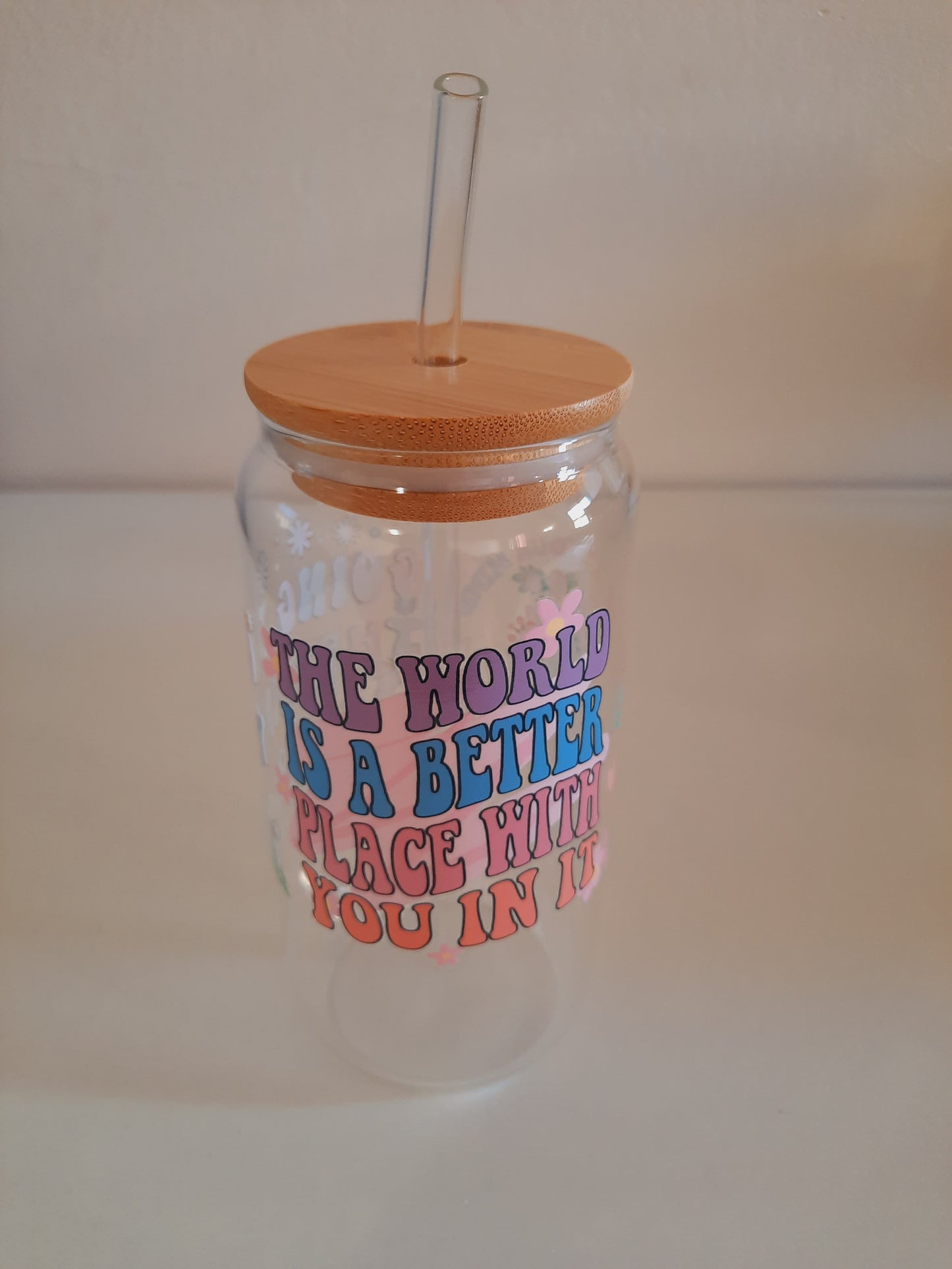 1pc customised Glass tumbler cup with bamboo lid and straw with customised adhesive waterproof sticker coffee cup 500ml