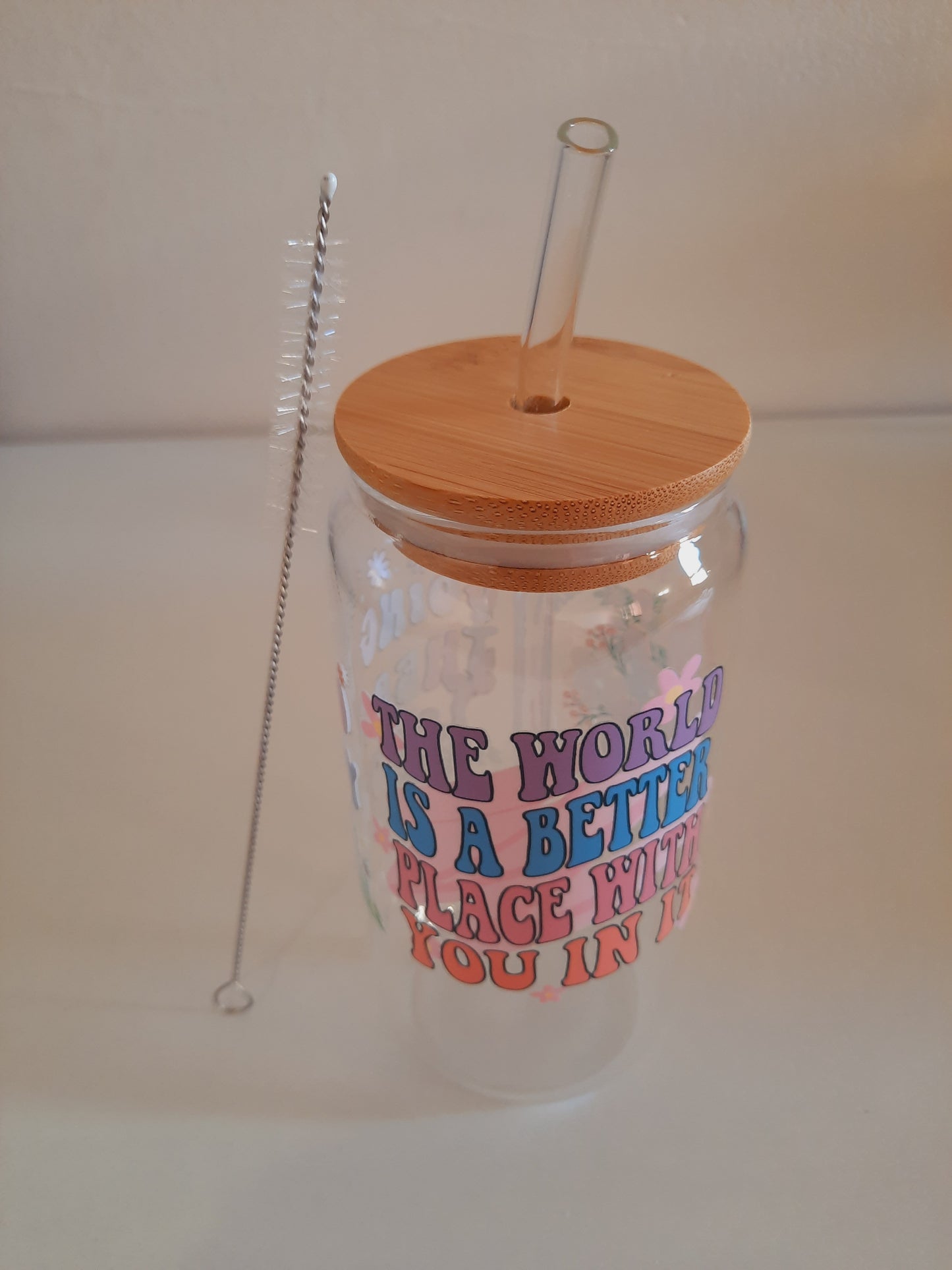 1pc customised Glass tumbler cup with bamboo lid and straw with customised adhesive waterproof sticker coffee cup 500ml