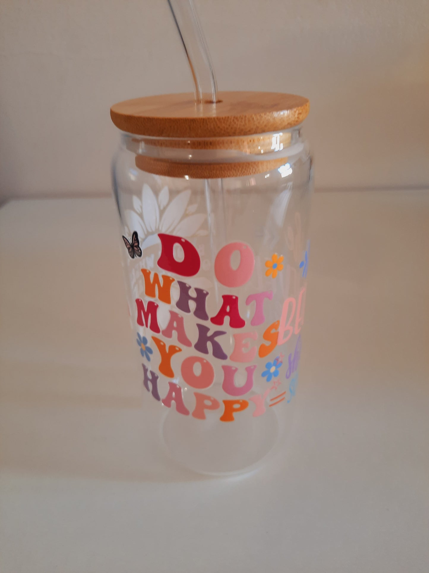 1pc customised Glass tumbler cup with bamboo lid and straw with customised adhesive waterproof sticker