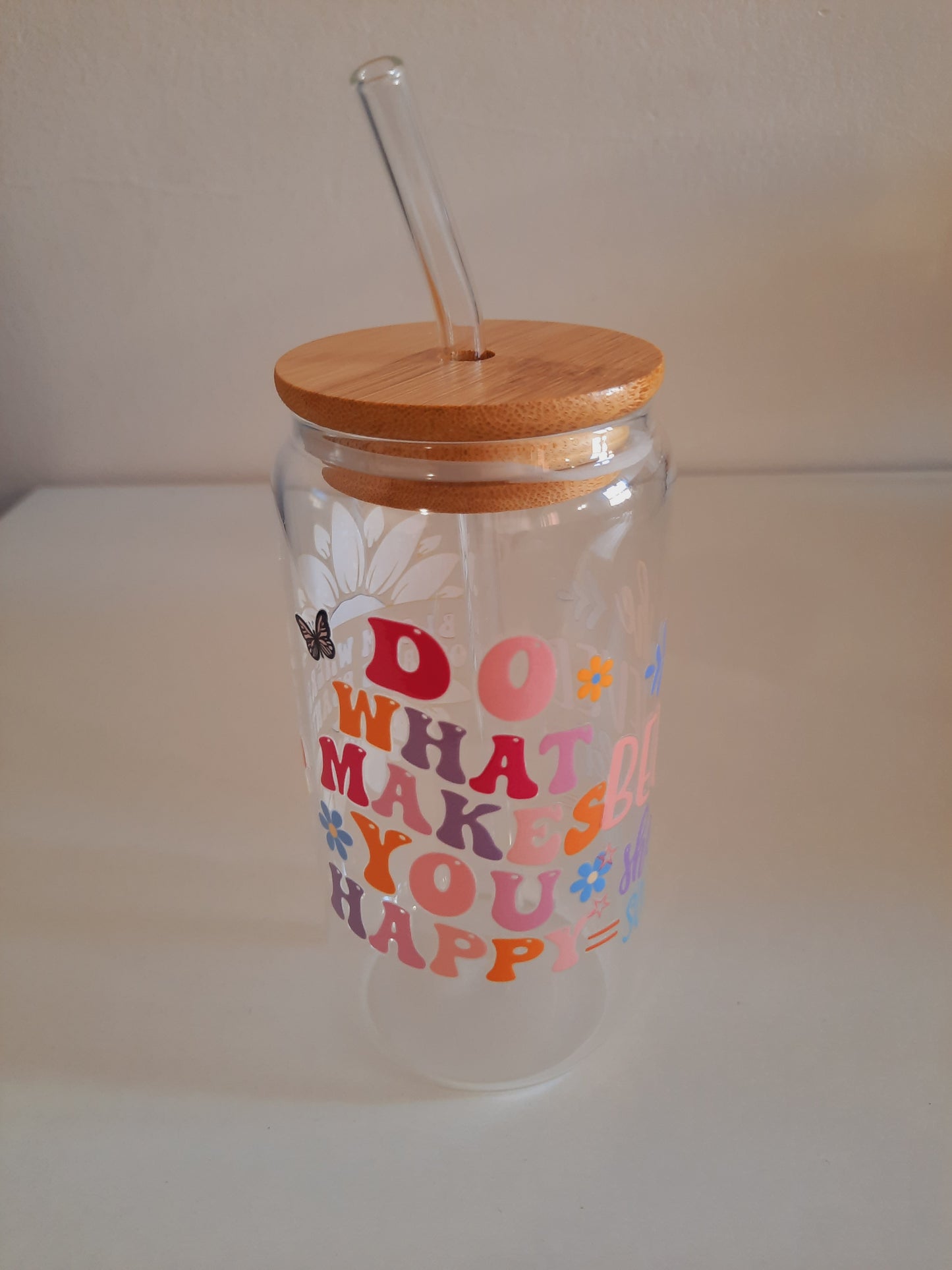 1pc customised Glass tumbler cup with bamboo lid and straw with customised adhesive waterproof sticker