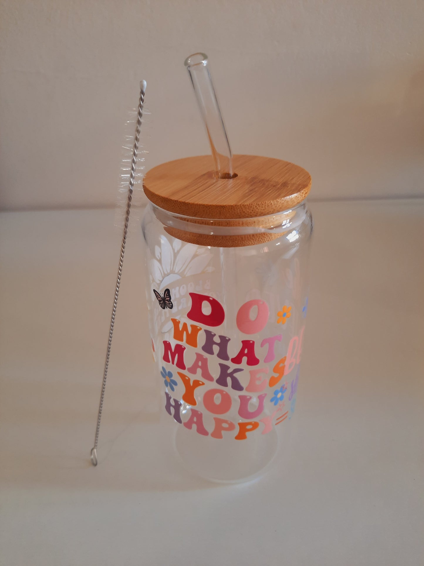 1pc customised Glass tumbler cup with bamboo lid and straw with customised adhesive waterproof sticker