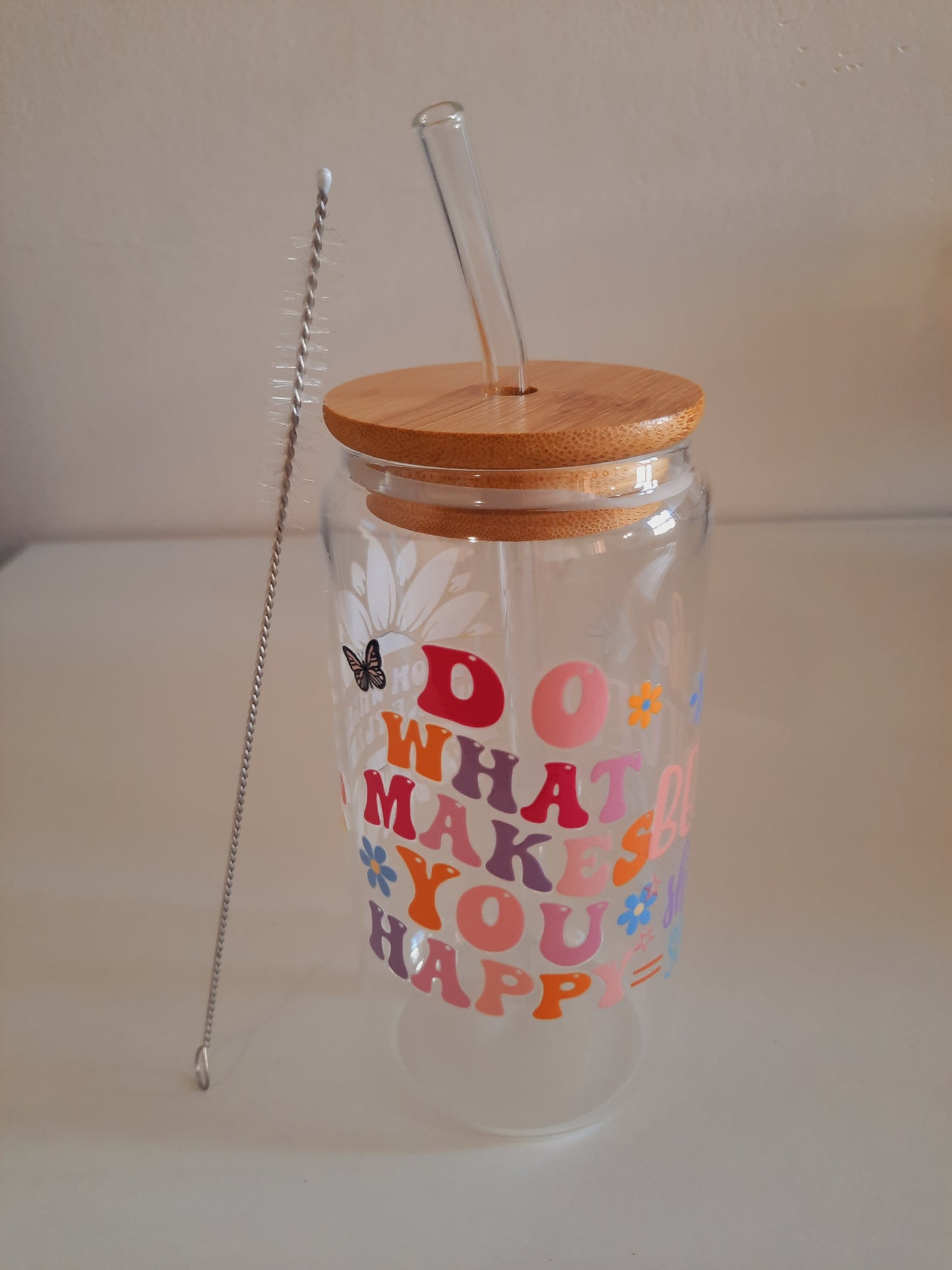 1pc customised Glass tumbler cup with bamboo lid and straw with customised adhesive waterproof sticker