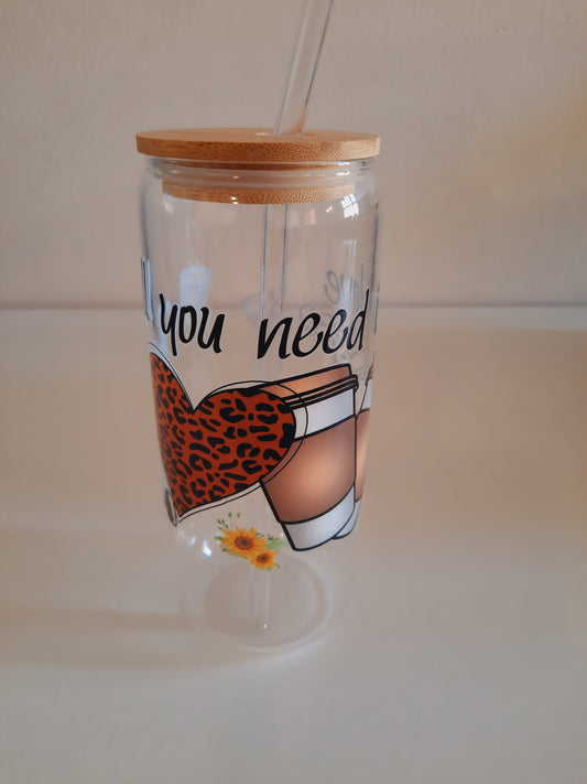 1pc 600ml Glass tumbler cup with bamboo lid +straw with customised adhesive waterproof coffee sticker