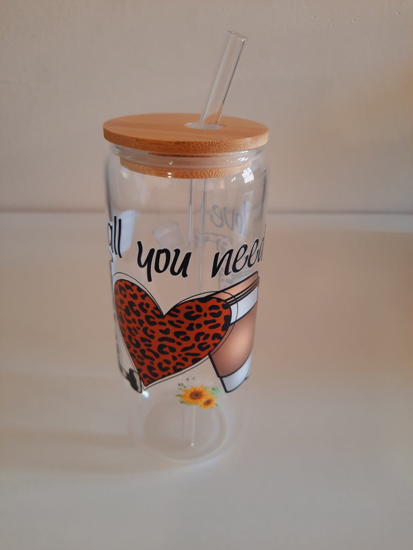 1pc 600ml Glass tumbler cup with bamboo lid +straw with customised adhesive waterproof coffee sticker