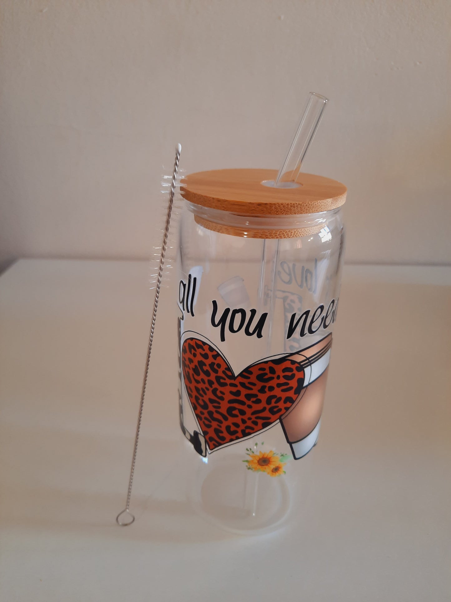 1pc 600ml Glass tumbler cup with bamboo lid +straw with customised adhesive waterproof coffee sticker