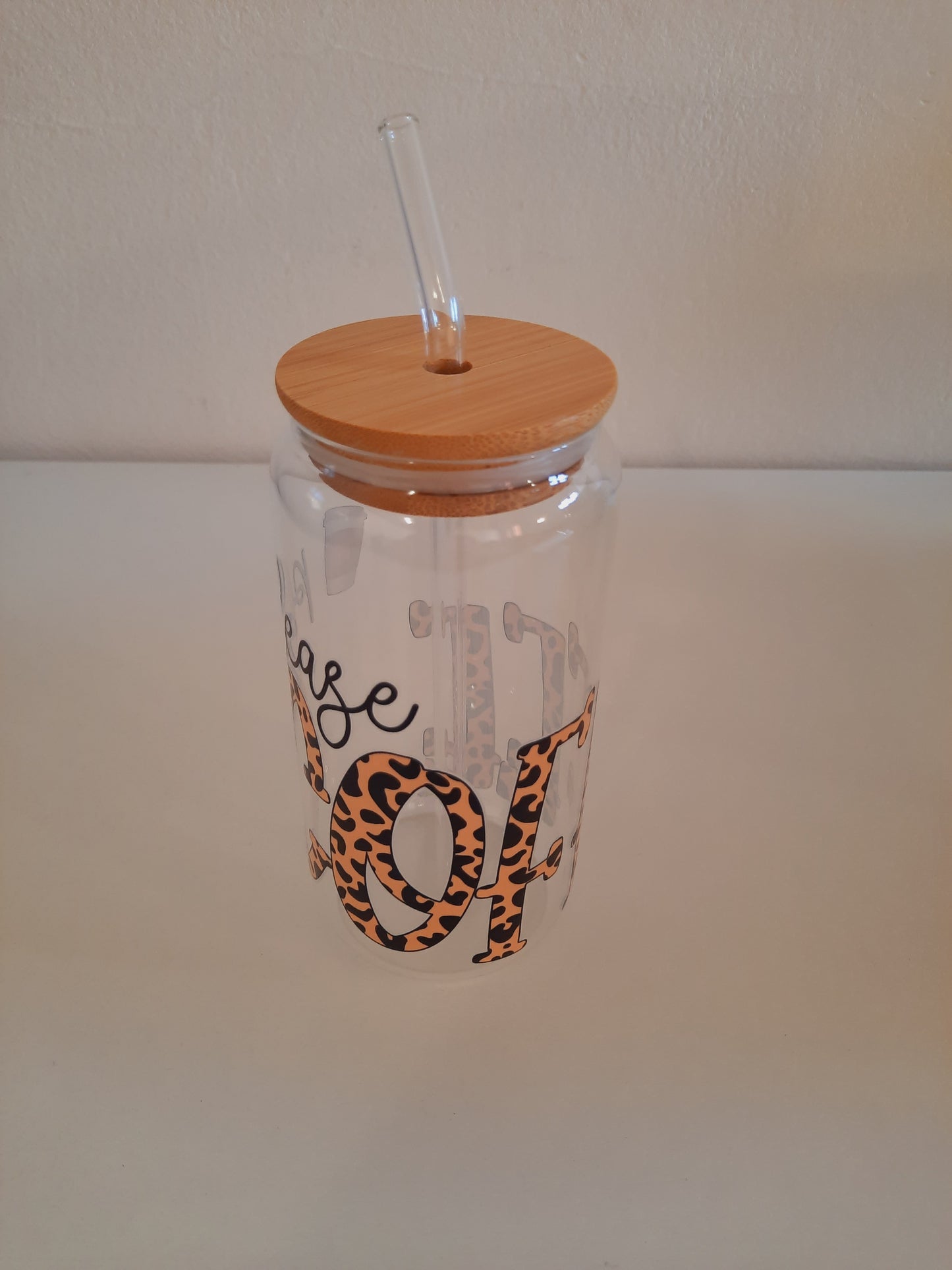 Customised Glass tumbler cup with bamboo lid +straw with customised adhesive waterproof coffee sticker 500ml