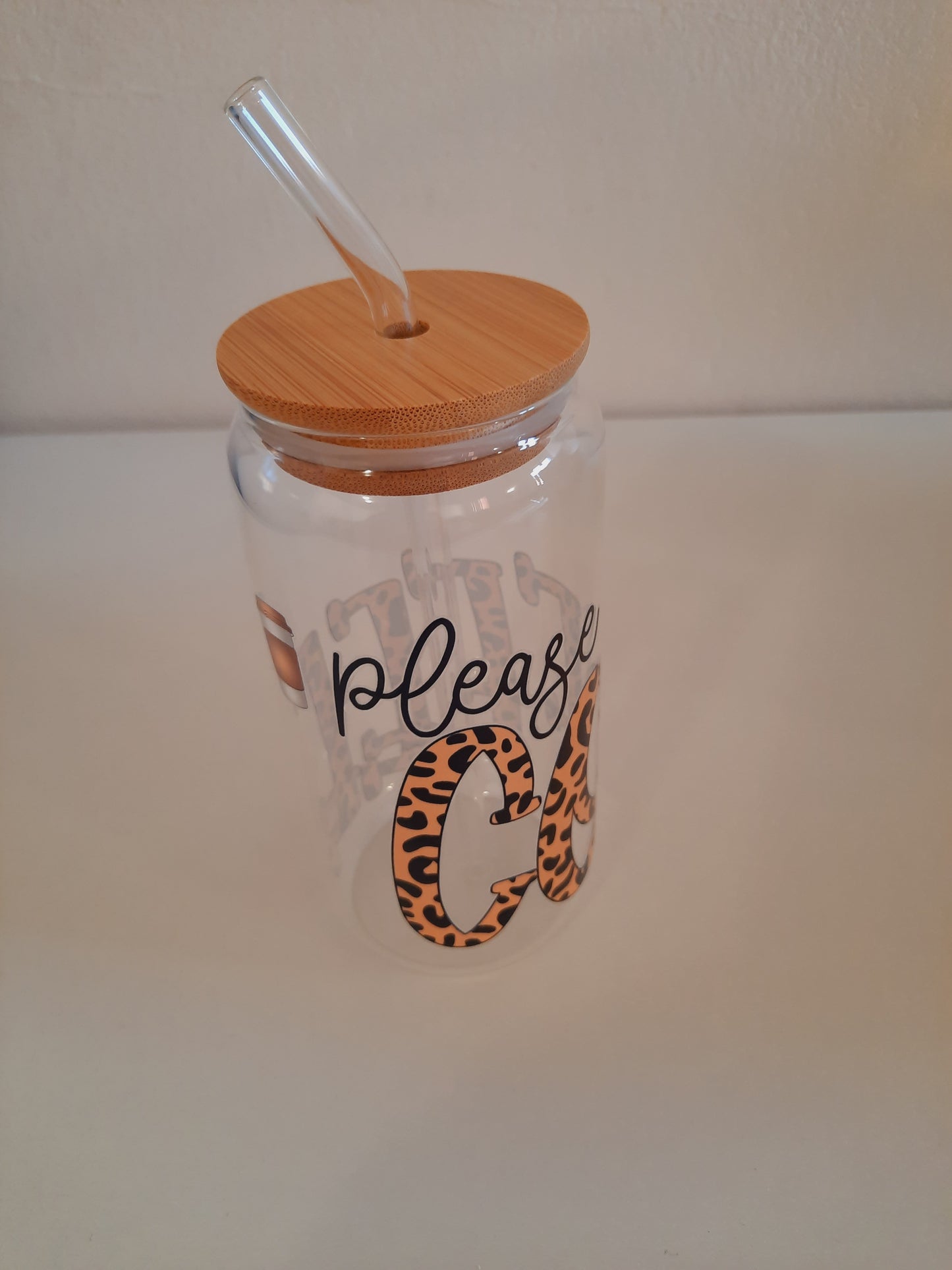 Customised Glass tumbler cup with bamboo lid +straw with customised adhesive waterproof coffee sticker 500ml