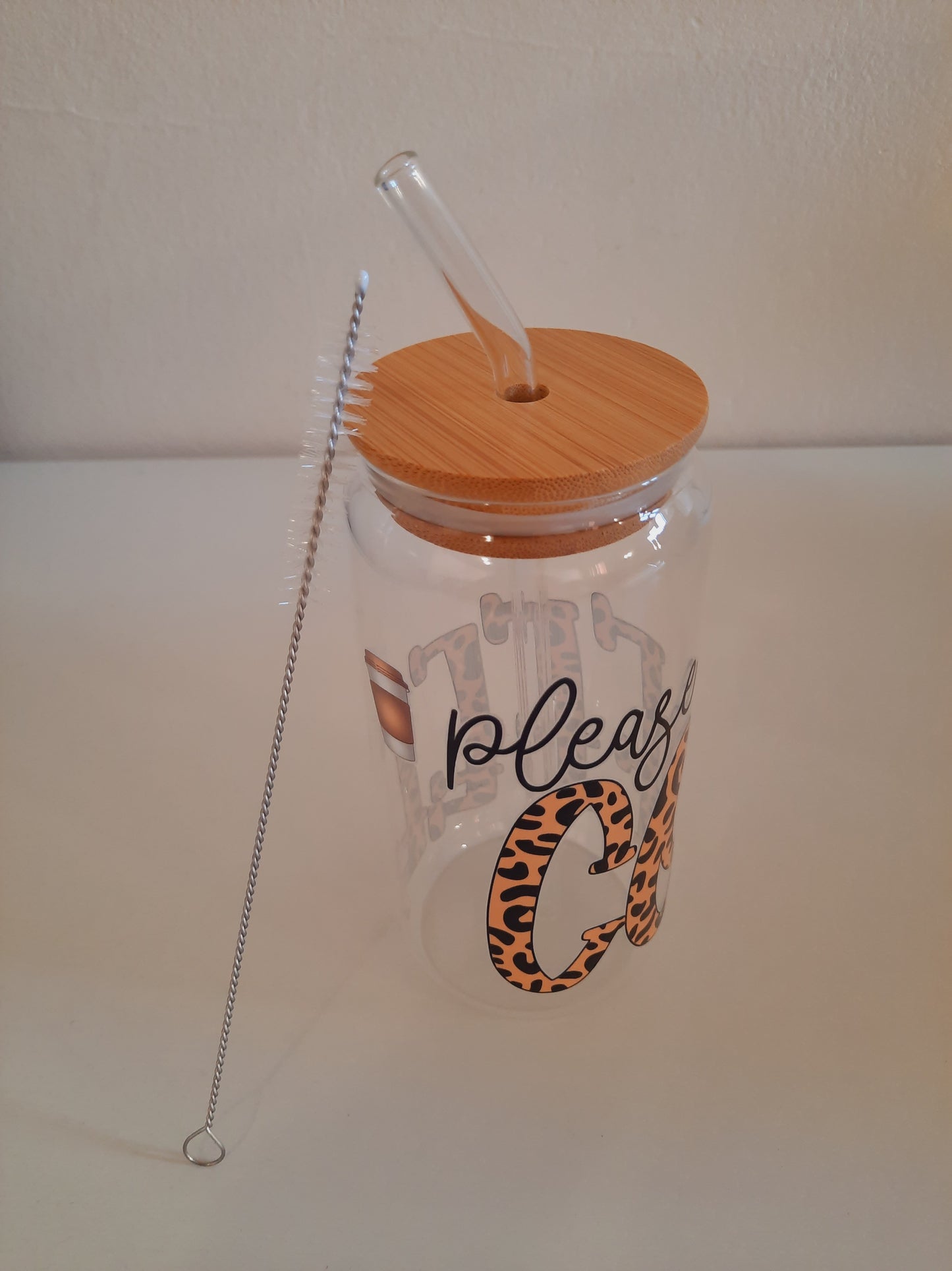 Customised Glass tumbler cup with bamboo lid +straw with customised adhesive waterproof coffee sticker 500ml