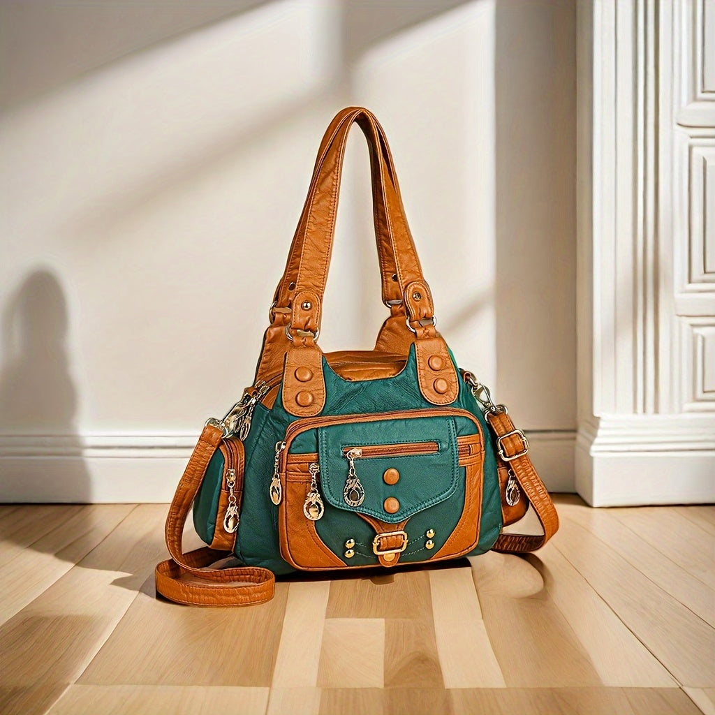 Vintage-Style Tote Bag With Adjustable Shoulder Strap And Polyester Lining, Zipper Closure Shoulder Bag