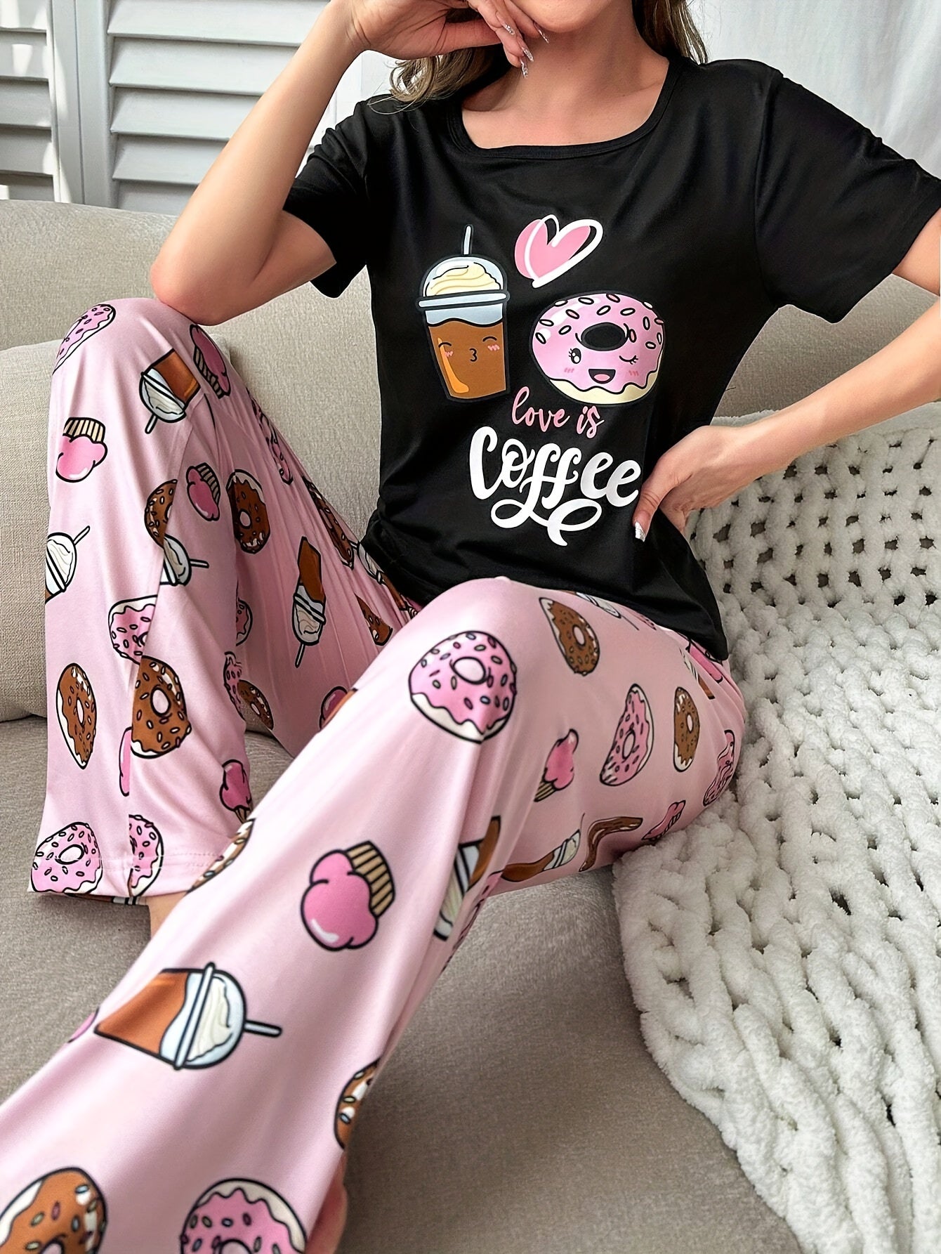 Coffee & Donut & Slogan Print Pajama Set, Casual Short Sleeve Round Neck Top & Elastic Pants, Women's Sleepwear