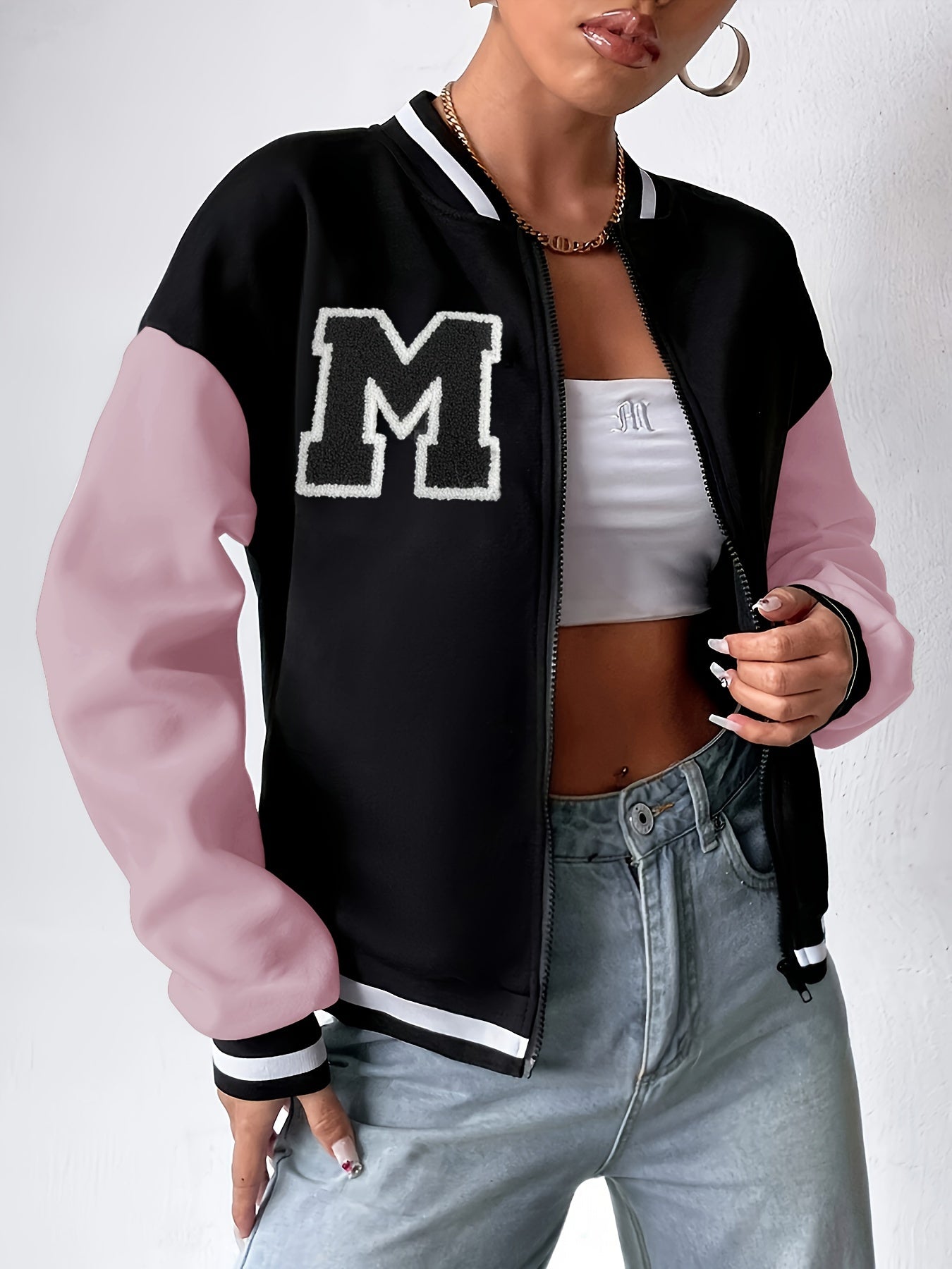 Contrast Trim Letter Pattern Jacket, Casual Zip Up Drop Shoulder Color Block Bomber Jacket, Women's Clothing