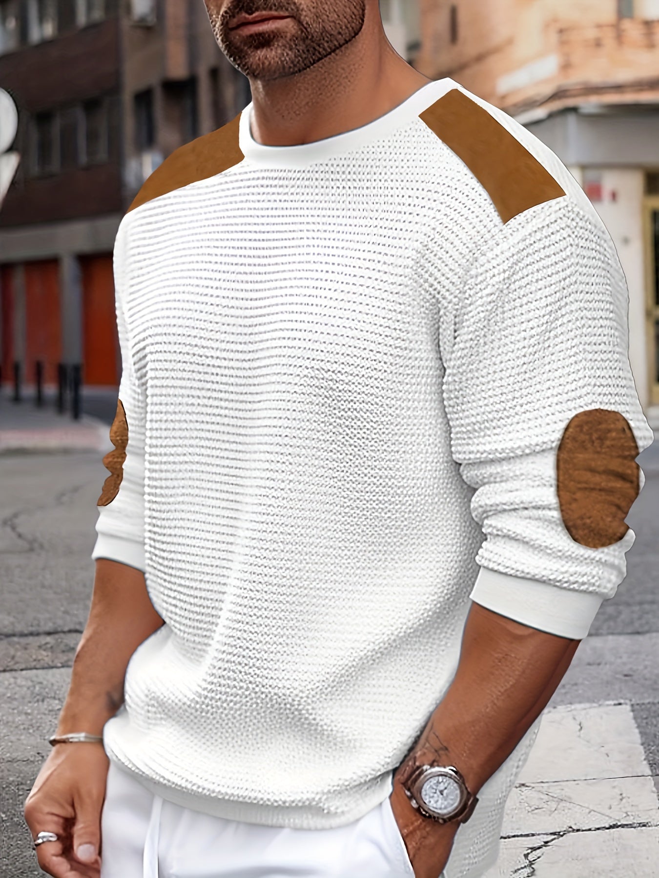 Color Block Waffle Pattern Long Sleeve Crew Neck Sweatshirt, Men's Casual Pullover Sweatshirt