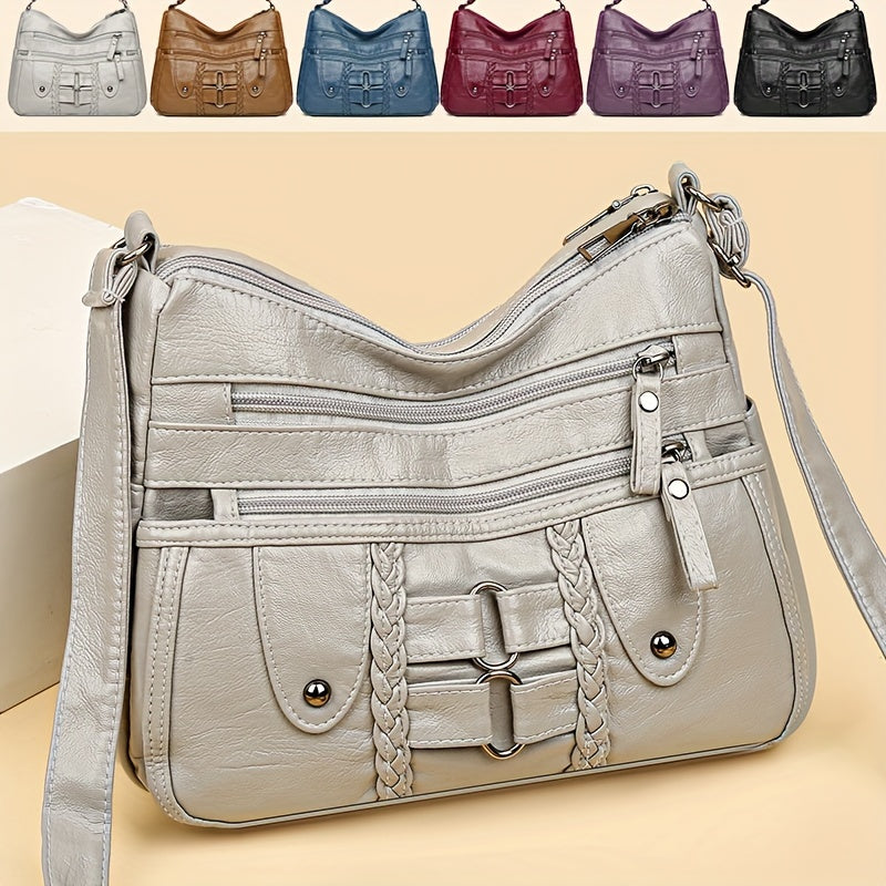 Retro Rivet Decor Crossbody Bag, Soft PU Leather Shoulder Bag, Women's Multi Zipper Messenger Bag