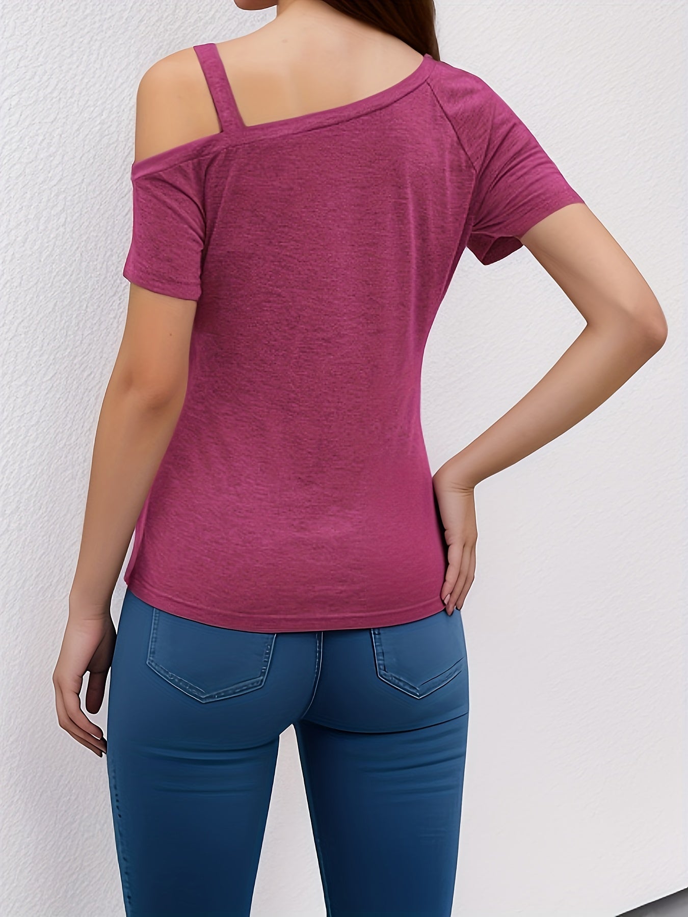 Cold Shoulder Asymmetrical Neck T-shirt, Sexy Button Decor Side Ruched Short Sleeve Casual Top For Summer & Spring, Women's Clothing