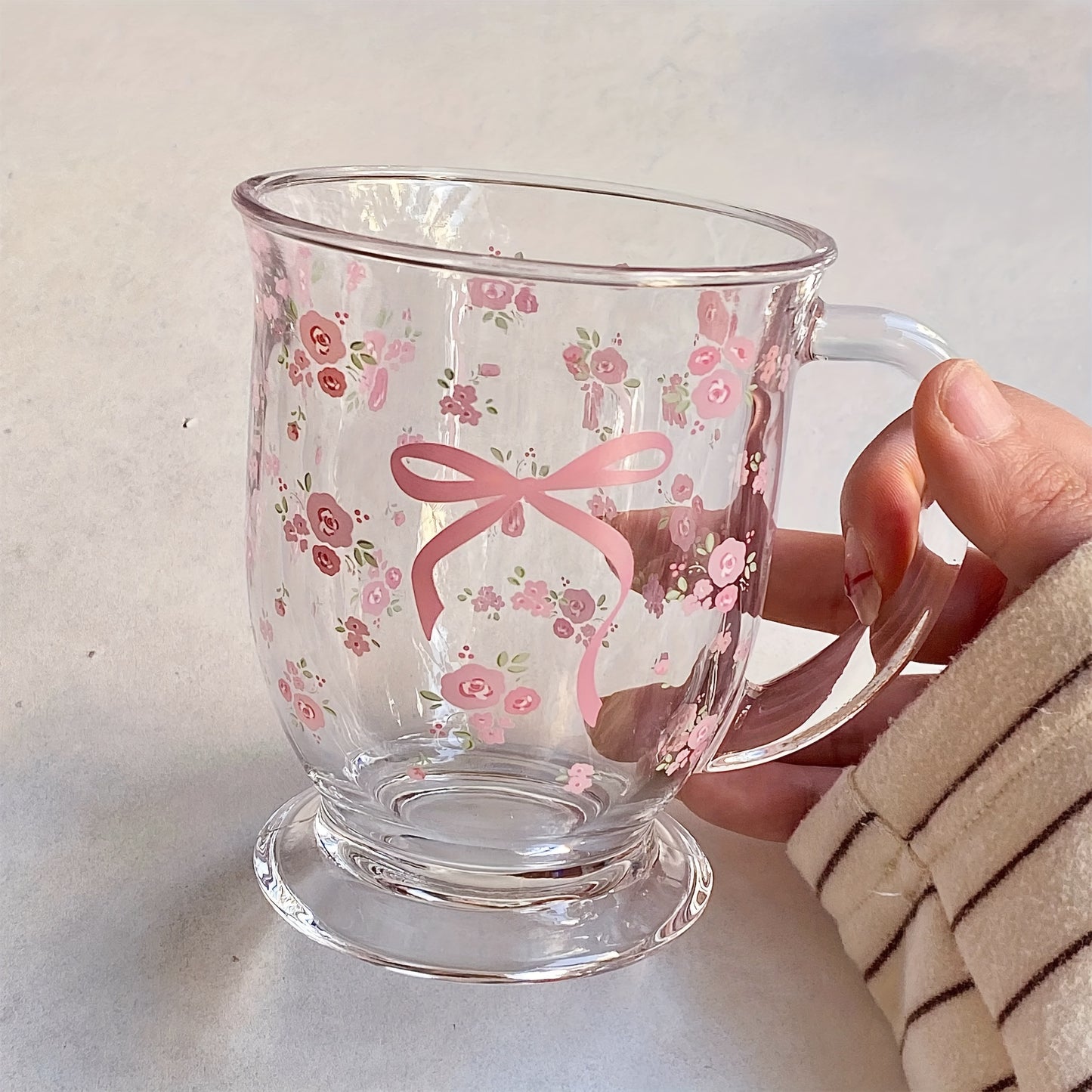 Reusable Glass Coffee Mug with Handle - 450ml French Rose Bow Pattern, Multipurpose Breakfast Cup for Milk, Coffee, Juice - Hand Wash Only, Recyclable Material, Ideal for Christmas, Thanksgiving, Valentine's Day, Mother's Day & Graduation