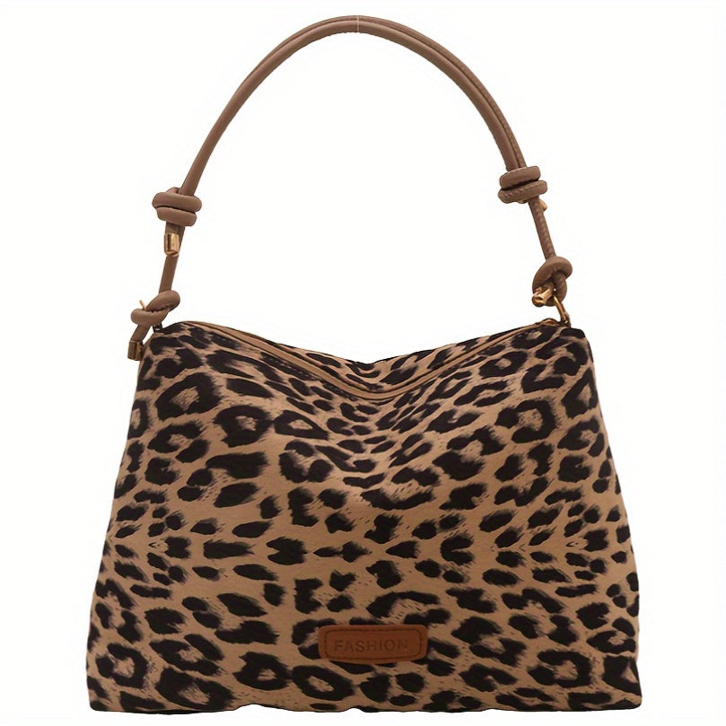 Faux Leather Leopard Print Tote Bag with Wrist Strap, Zipper Closure, Polyester Lining - Trendy Shoulder Handbag for Women