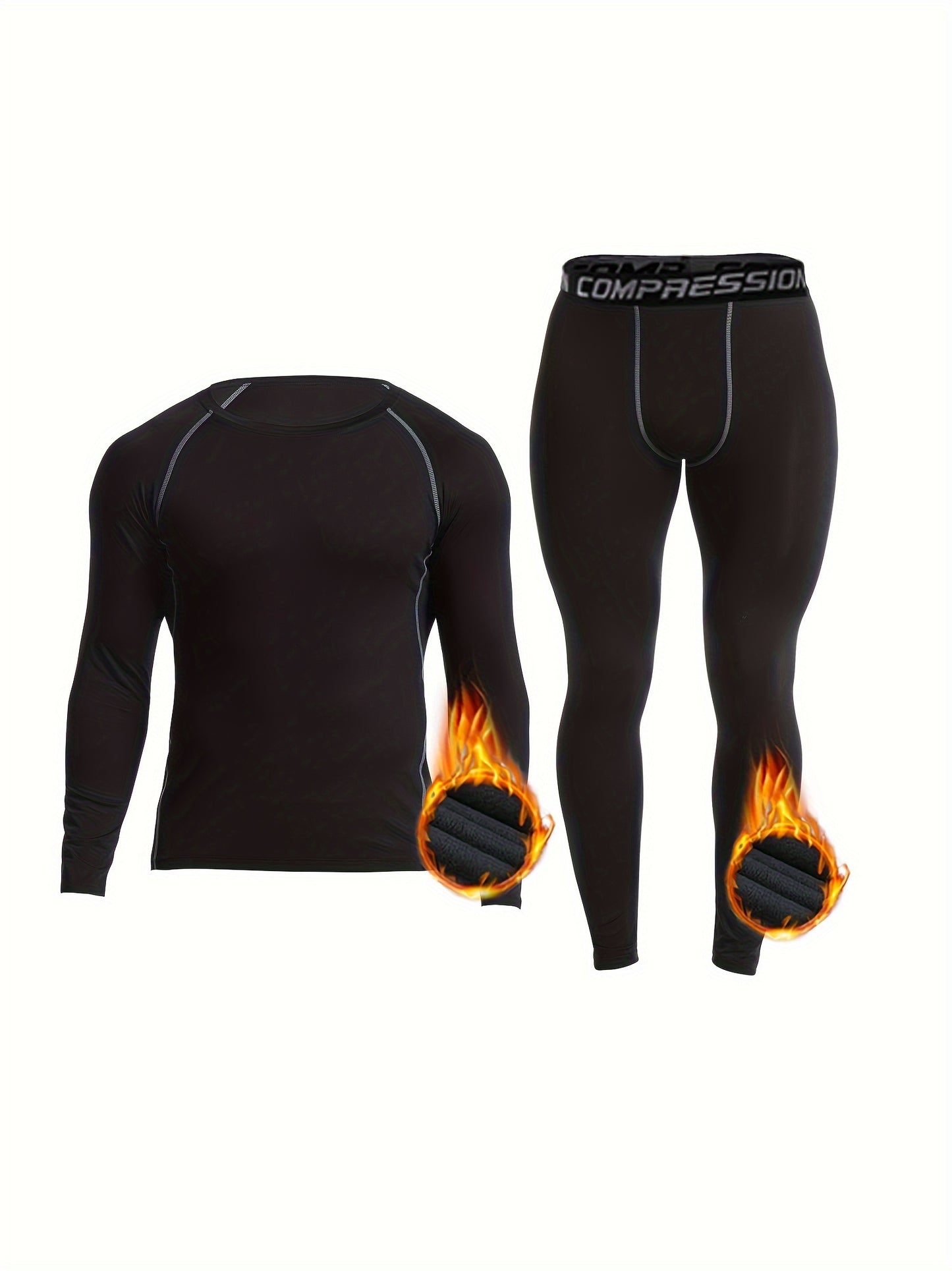 Men's Thermal Underwear Set, Skiing Winter Warm Base Layers, Tight Long Sleeve Round Neck Top & Bottom Pants Set