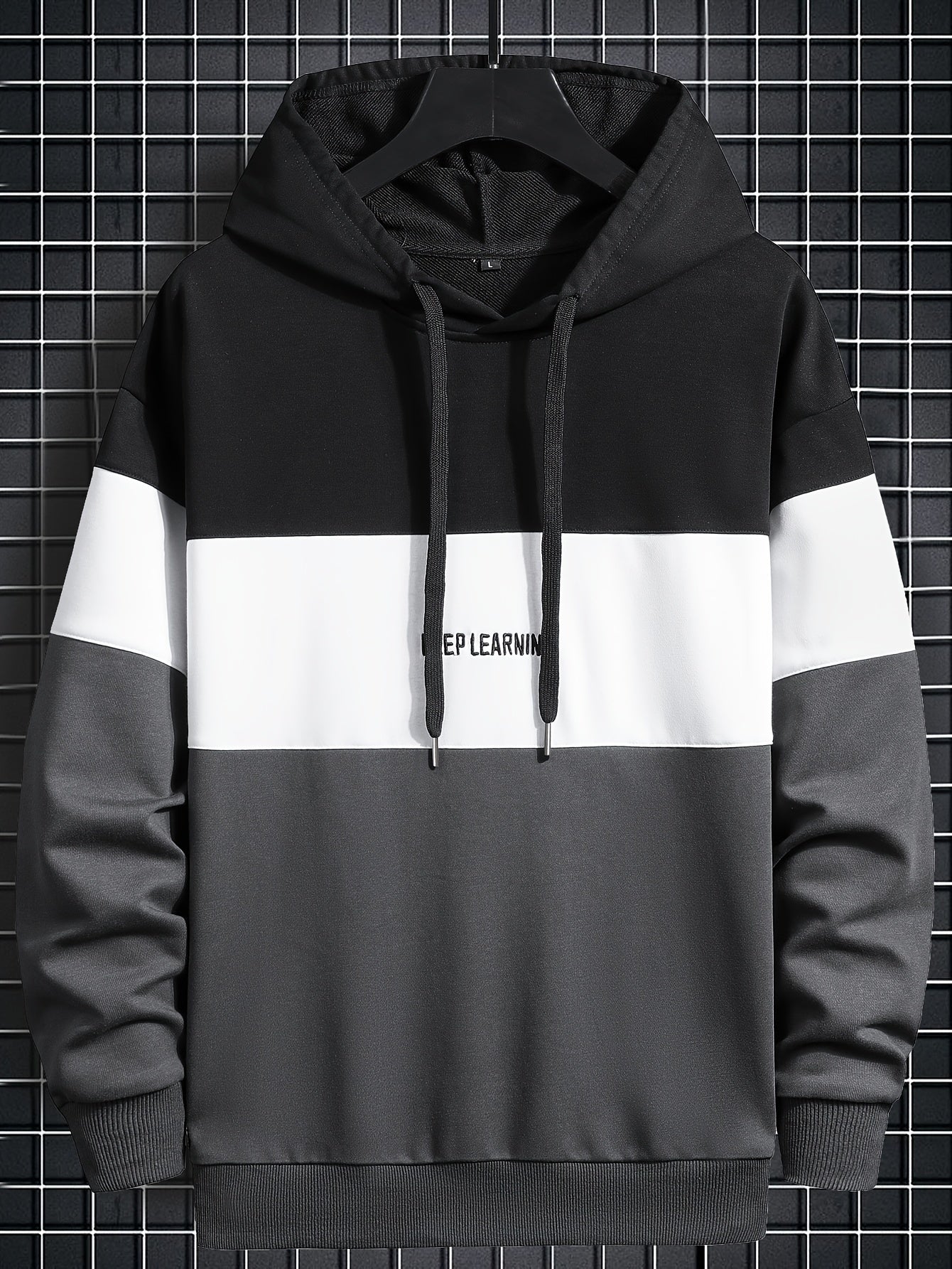 Letter Print Hoodie, Cool Hoodies For Men, Men's Casual Color Block Design Hooded Sweatshirt Streetwear For Winter Fall, As Gifts