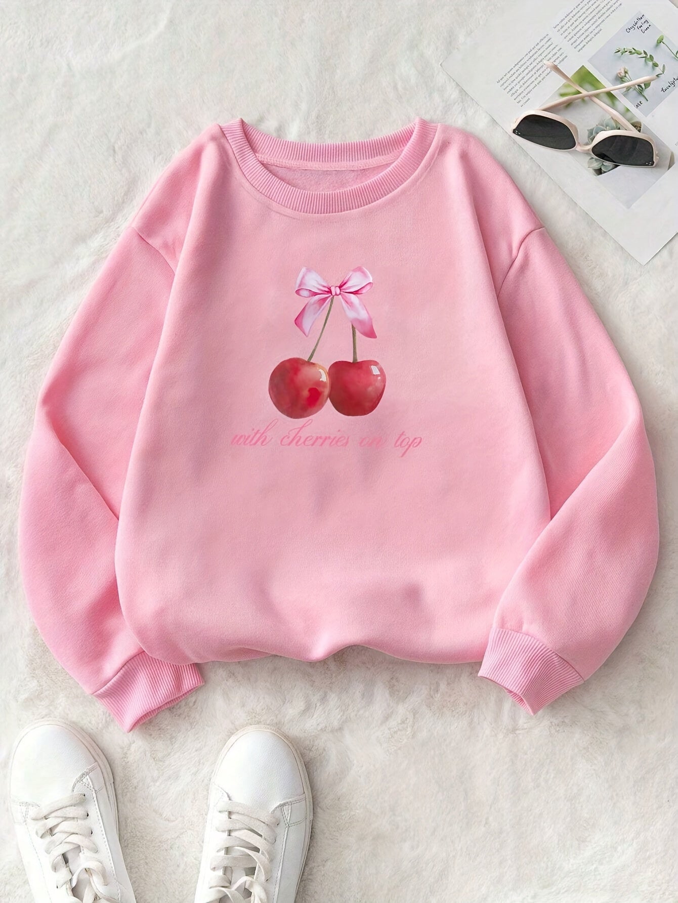 Fruit Patterned Casual Pullover Hoodie, Relaxed Fit, Round Neck, Long Sleeve, Casual Style Suitable For Winter