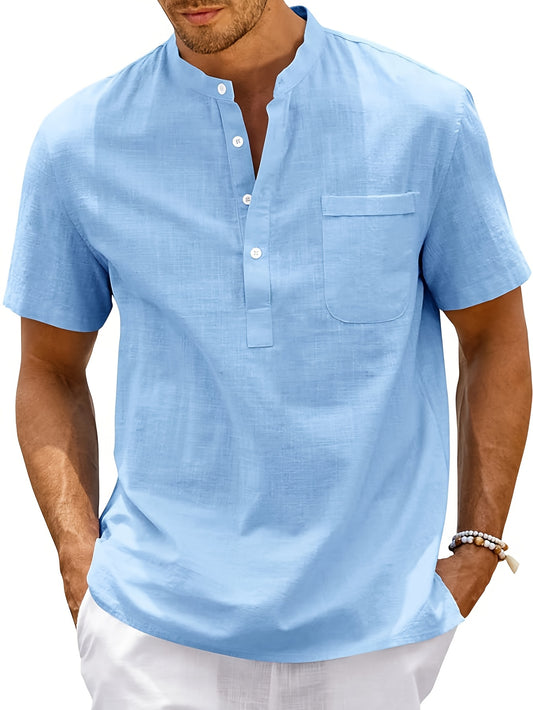 Camicia casual da uomo a maniche corte con bottoni - Blu reale, tessuto non elasticizzato, stile estivo con dettaglio tasca sul petto, camicia estiva casual | Camicia a maniche corte | Tessuto liscio