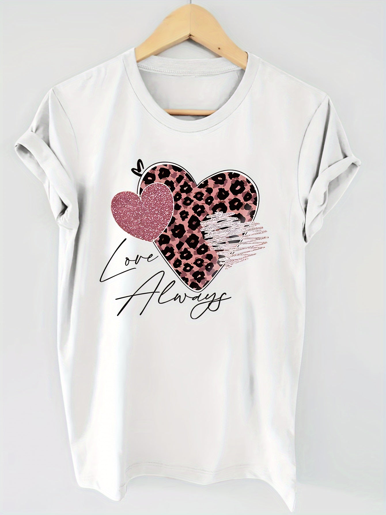 Heart Print T-shirt, Short Sleeve Crew Neck Casual Top For Summer & Spring, Women's Clothing