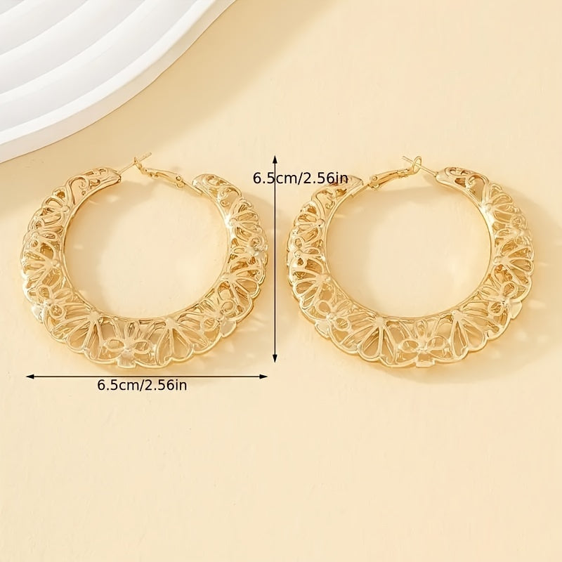 Boho Chic Simple 14K Golden Plated Hollow Filigree Hoop Earrings, Iron Crafted Daily Wear Ear Studs for Women - No Stone Detail, Versatile for All Seasons