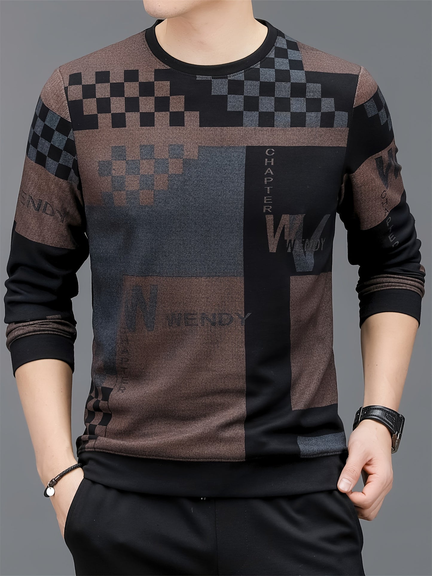 Men's Casual Long Sleeve Pullover - Stylish Plaid & Letter Design, Rayon Blend, Machine Washable - Perfect for Casual Attire
