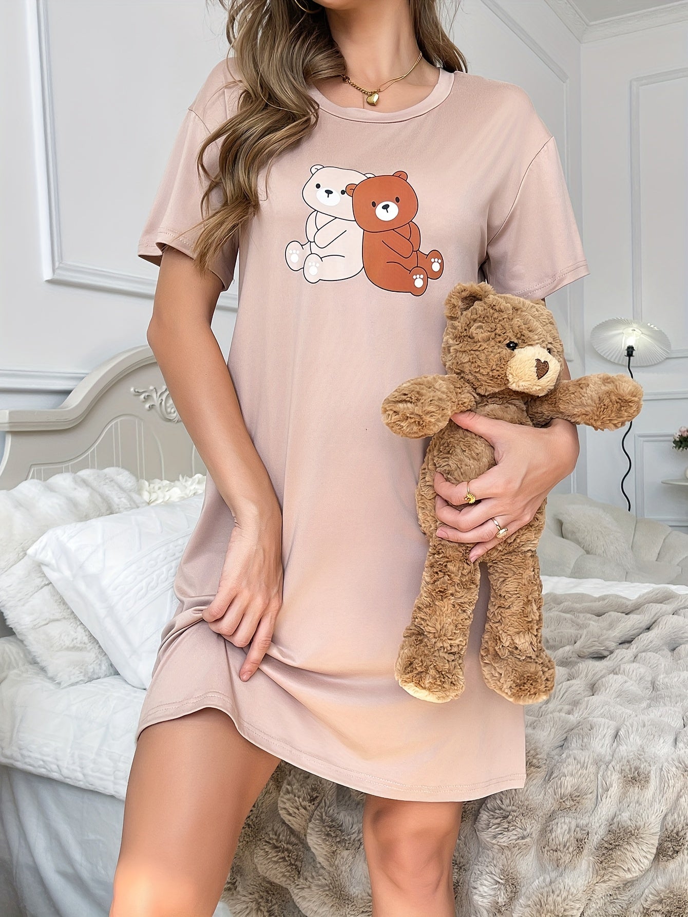 Bear Print Crew Neck Tee Dress, Casual Half Sleeve Dress For Spring & Summer, Women's Clothing