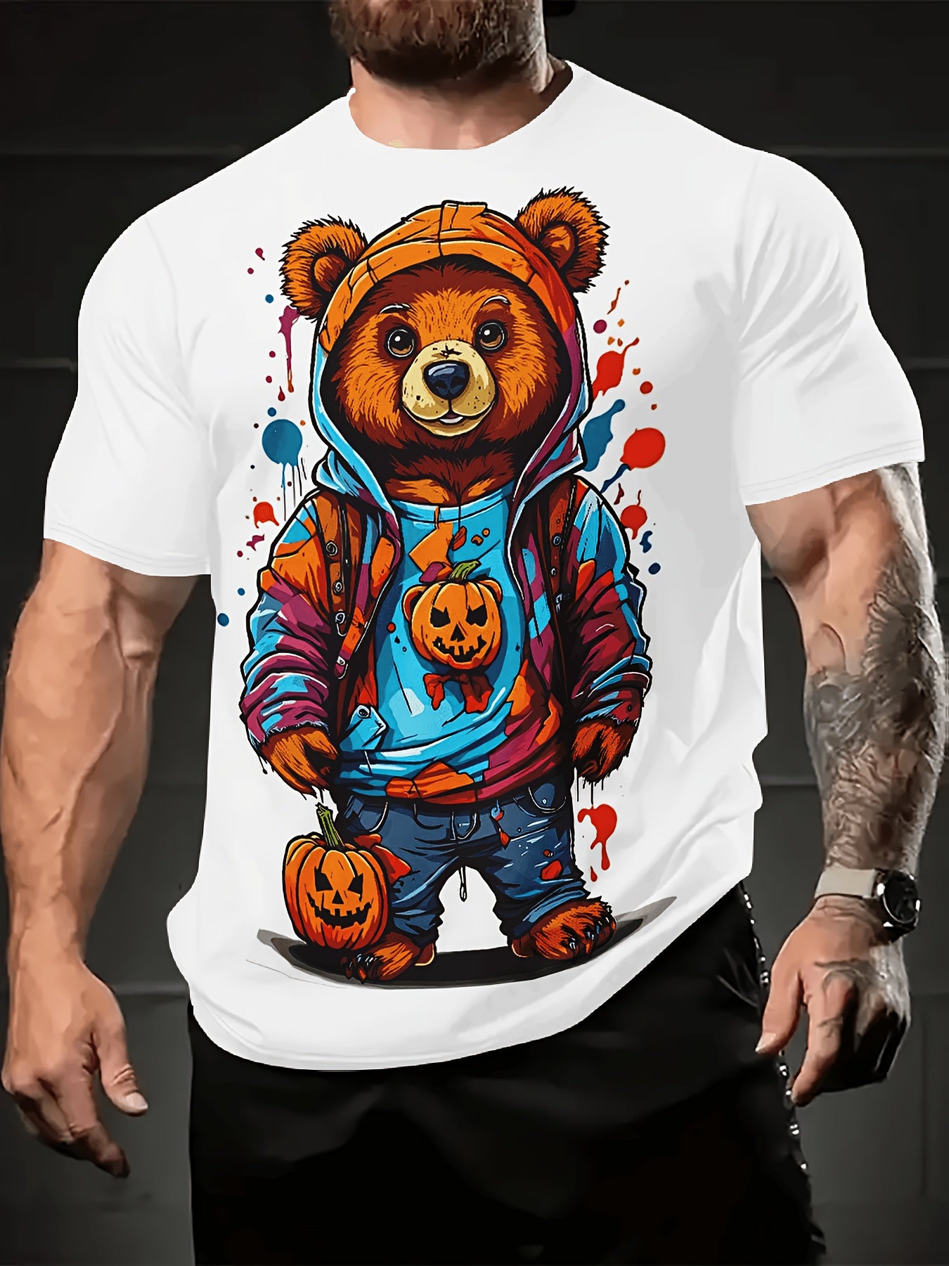 Summer 2024 Trendy Men's T-Shirt with Cool Bear Graphic - Soft Polyester, Crew Neck, Short Sleeve, Street Style