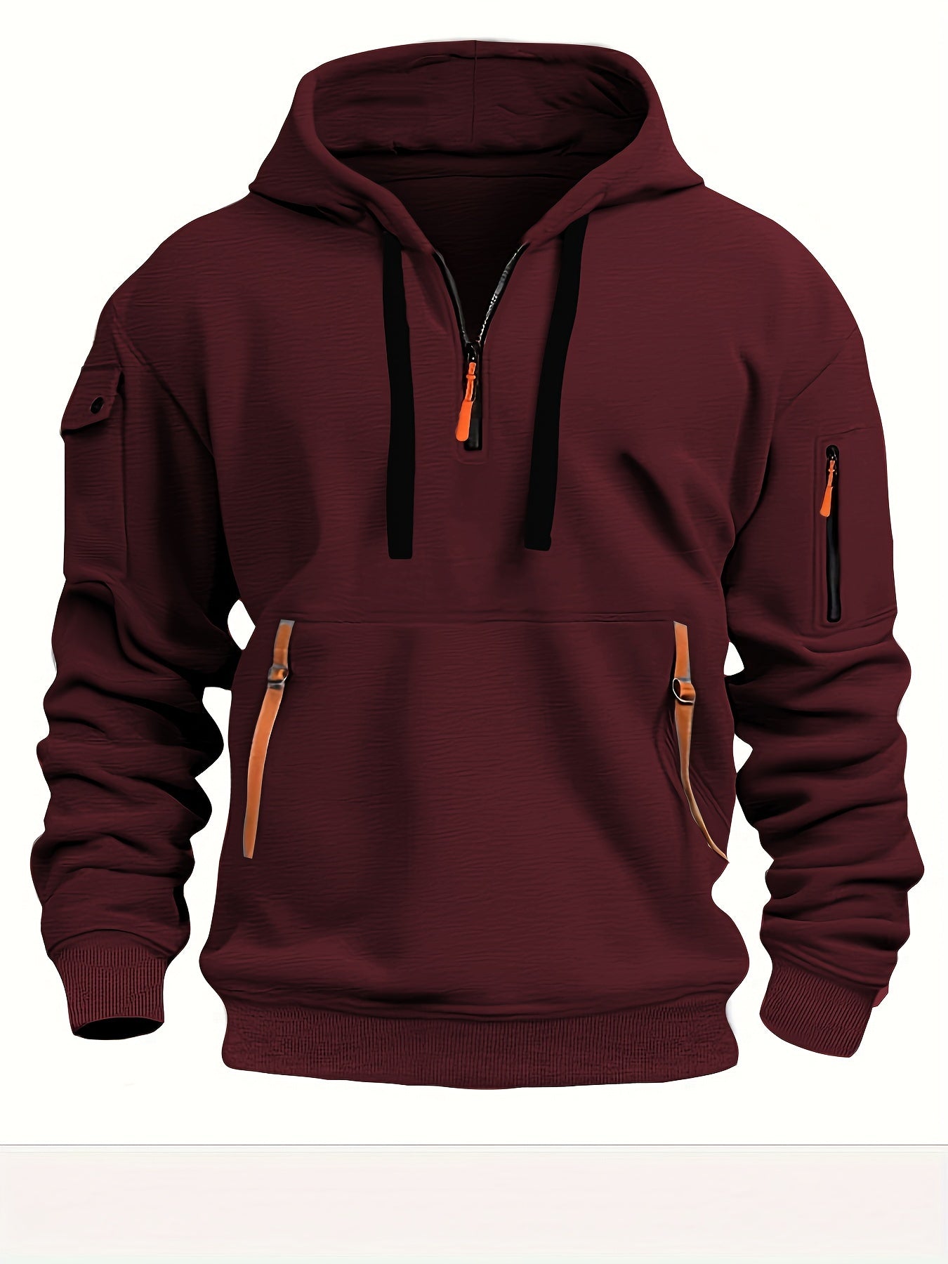 Men's Solid Hooded Long Sleeve Half Zip Sweatshirt With A Kangaroo Pocket And Multiple Zipper, Versatile Hoodie For Sports And Outdoors Activities