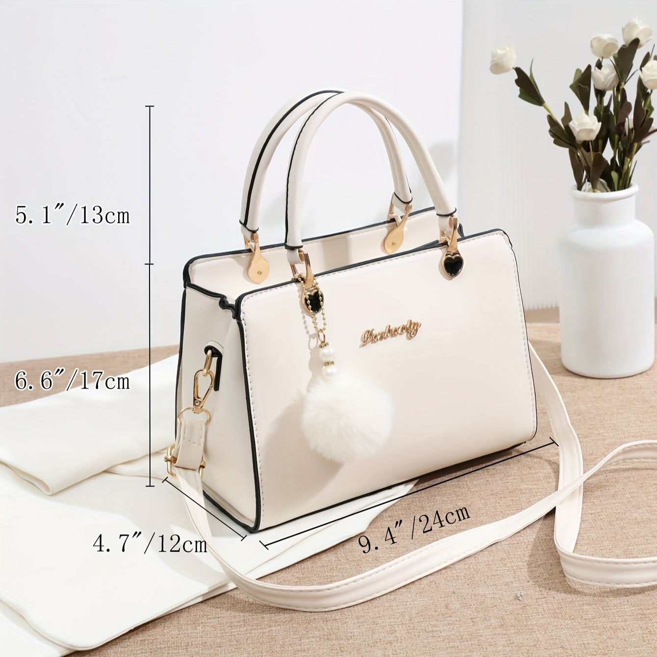 Fashion Solid Color Handbag, Multi Layer Crossbody Bag, Women's Satchel Purse With Pompom Ball Charms