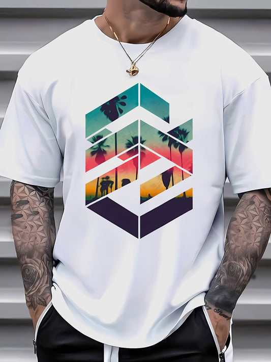 Men's Summer Casual Graphic Short Sleeve T-Shirt, Polyester, Crew Neck Top With Creative Print