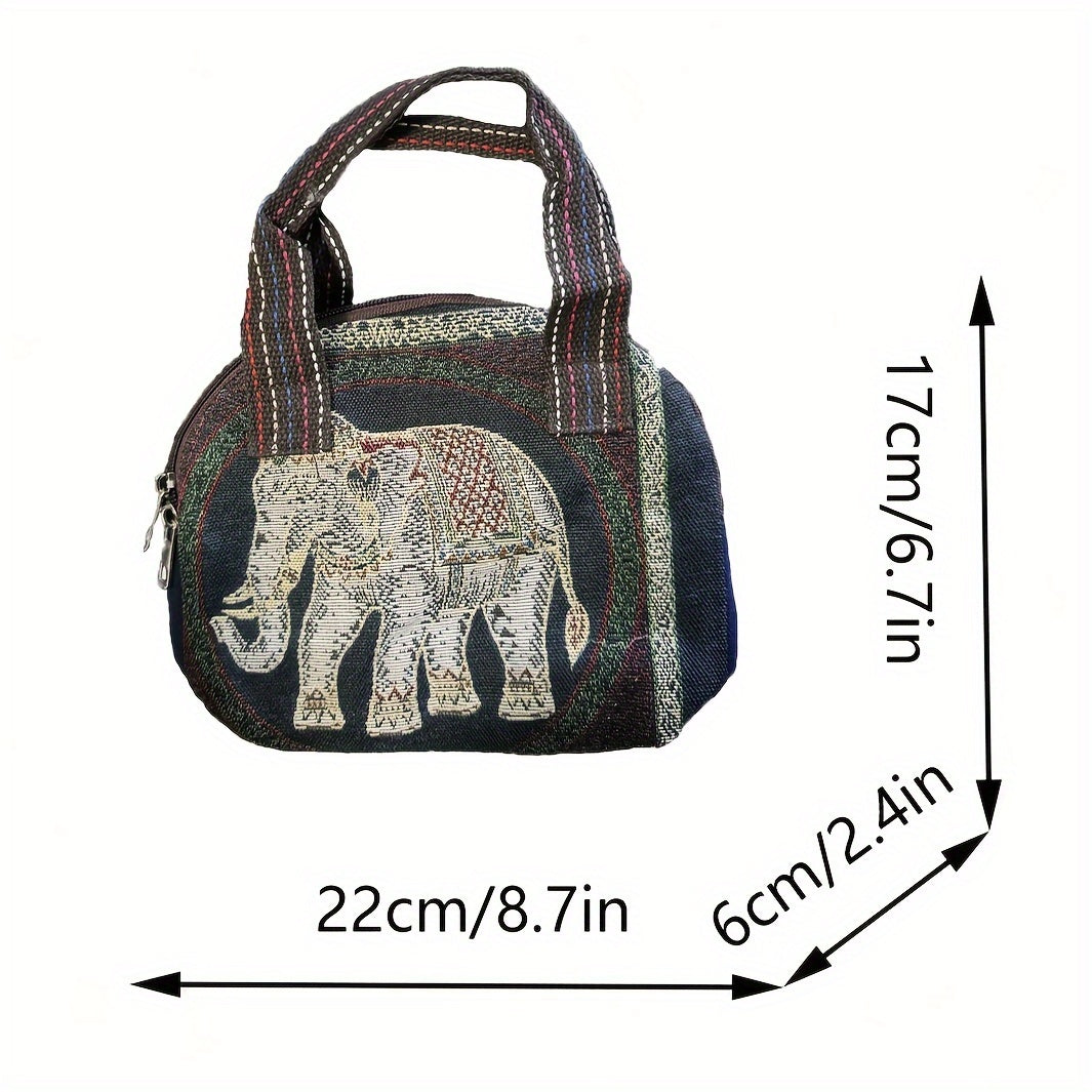 Chic Women's Mini Handbag - Durable Canvas, Striped, Multi-Color, Cartoon Elephant Design with Zip Closure