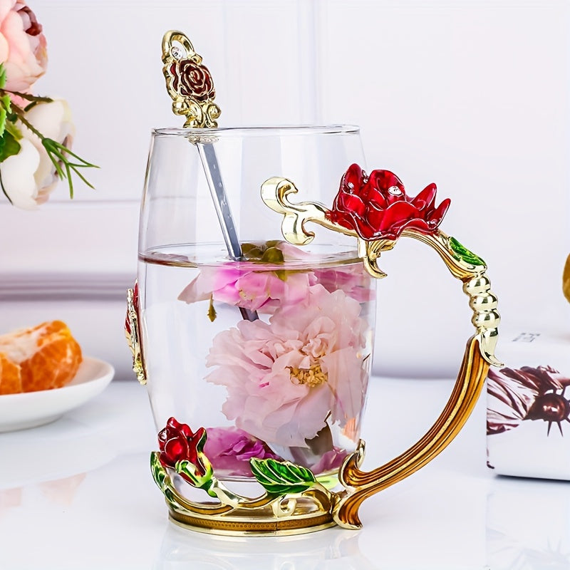 Enchanted Garden 330ML Glass Teacup Set - Hand-Painted Floral and Butterfly Design with Matching Spoon - Elegant Borosilicate Glass Drinkware for Coffee, Tea, Cold Beverages - Ideal for Special Occasions and Holiday Gifts - Hand Wash Only