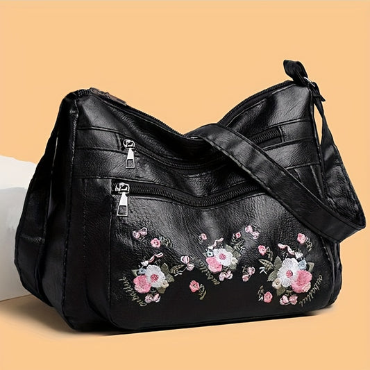 Shoulder Bag With Embroidered Design, Polyester Lining, Zipper Closure, Casual Bag With Adjustable Strap For Women