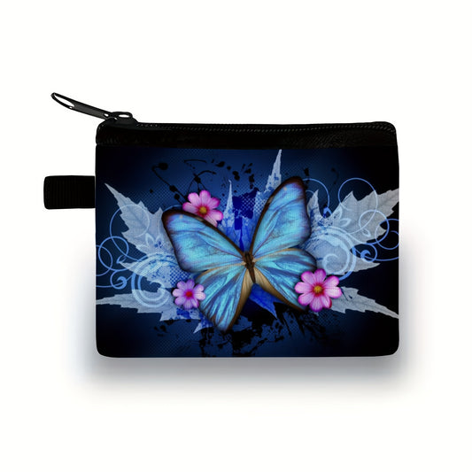 Chic Butterfly Print Women's Coin Purse - Casual Zippered Key & Card Holder, Hand Washable Polyester