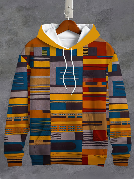 Color Block Geometric Print Men's Loose Hoodie With Drawstring And Kangaroo Pocket, Hooded Sweatshirt For Spring/Autumn