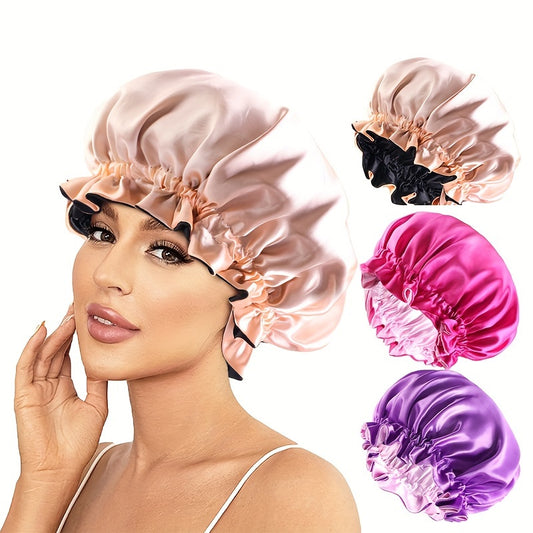 3pcs Set: Luxurious Double-Layer Lace Sleep Cap, Makeup & Shower Hat - Soft Polyester Silk-Like Hair Care Bonnet