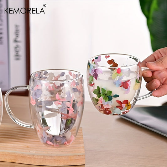 KEMORELA Floral Double-Walled Glass Coffee Mug - 250ml, Pink & White, Perfect for Hot and Cold Beverages, Cappuccino, Latte - Reusable, Dishwasher Safe, for Return School