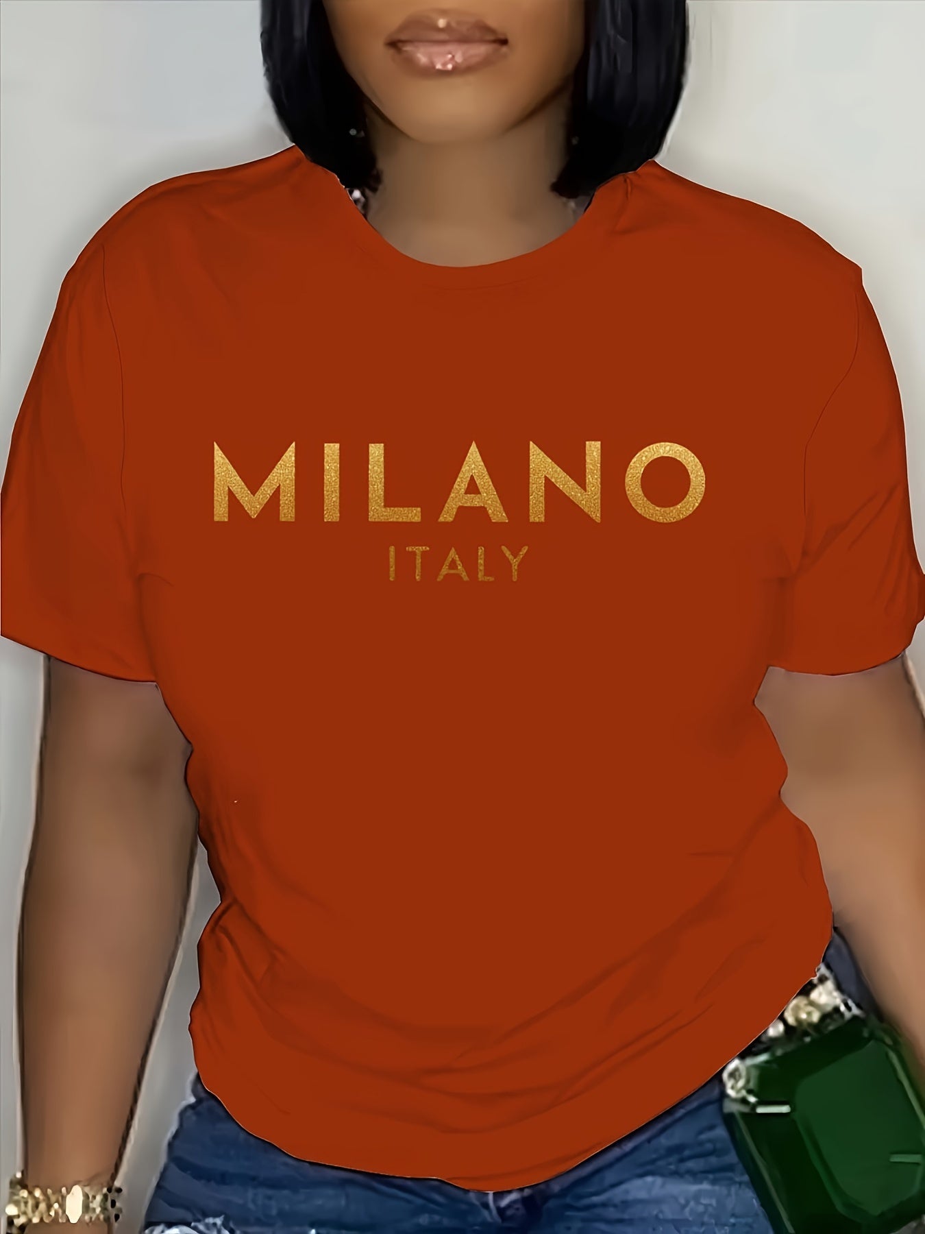 Milano Letter Print Crew Neck T-Shirt, Casual Short Sleeve T-Shirt For Spring & Summer, Women's Clothing