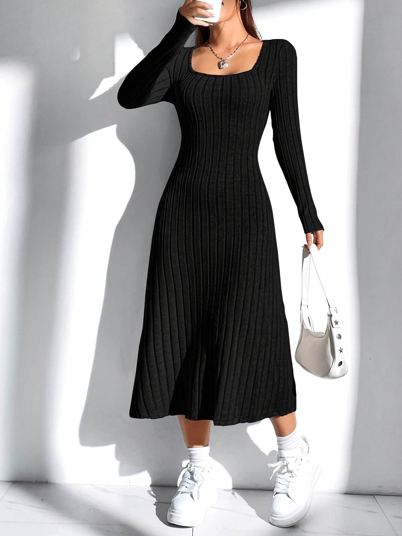 Ribbed Long Sleeve A-line Dress, Elegant Solid Color Square Neck Knitted Dress, Women's Clothing