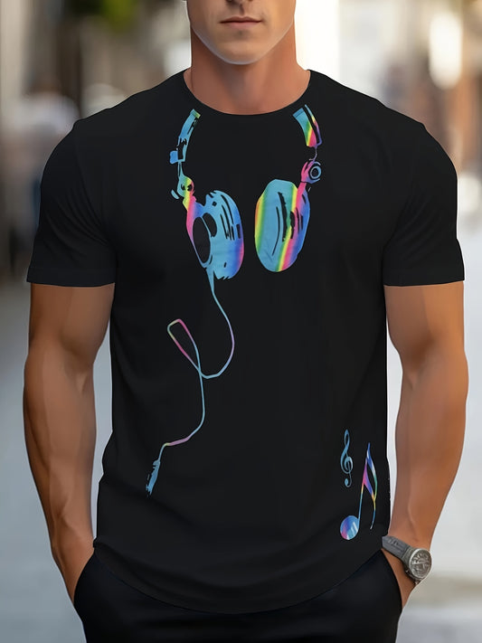 Headphone Pattern Print Men's Fashion Comfy Breathable T-Shirt New Casual Top Round Neck Short Sleeve Tee For Spring Summer Holiday Leisure Vacation Men's Clothing As Gift