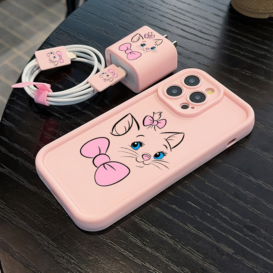 5pcs Set Chic Pink Cartoon Animal & Cat Bow Phone Cases + Data Cable Protector, Compatible with Fast Charging for iPhone 11/12/13/13 Pro Max/14/14 Pro/14 Plus/14 Pro Max/15/15 Pro/15 Plus/15 Pro Max/16/16 Pro/6s Plus