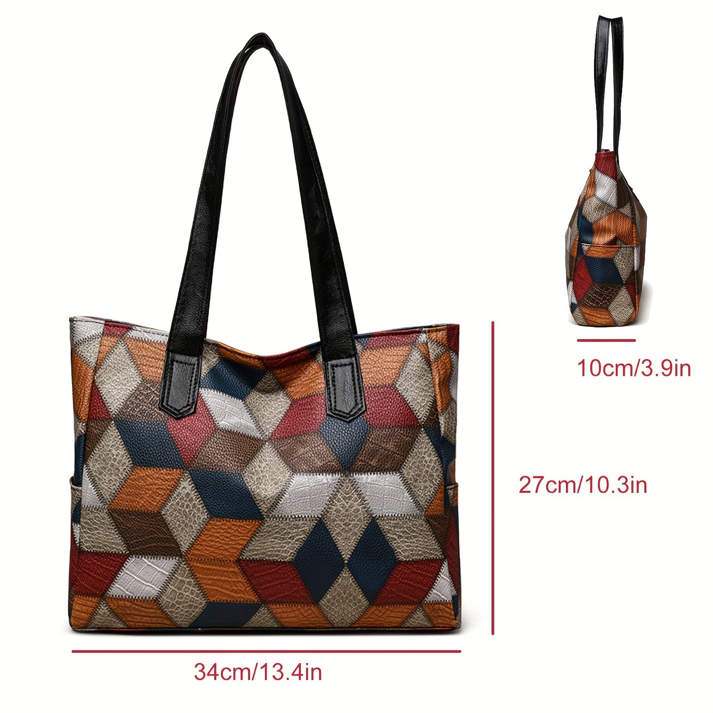 Vintage-Style Women's Tote Bag With Grid Pattern, Adjustable Shoulder Strap Bag With Zipper Closure