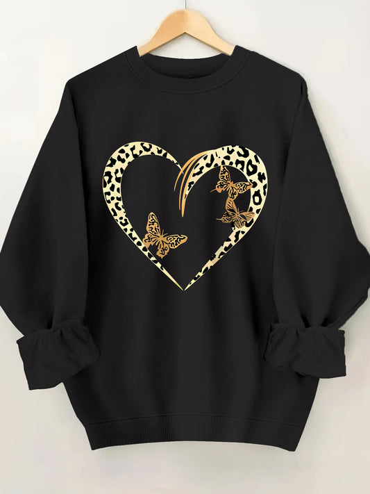 Valentine'S Day Inspired Women'S Knit Polyester Sweatshirt - Casual Crew Neck Pullover with Heart & Leopard Print, All-Season Fashion Sweater