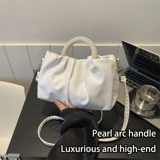 Chic White Pleated Women's Shoulder Bag - Trendy Small Square Handbag with Pearl Handle, Casual Solid Color Faux Leather Purse