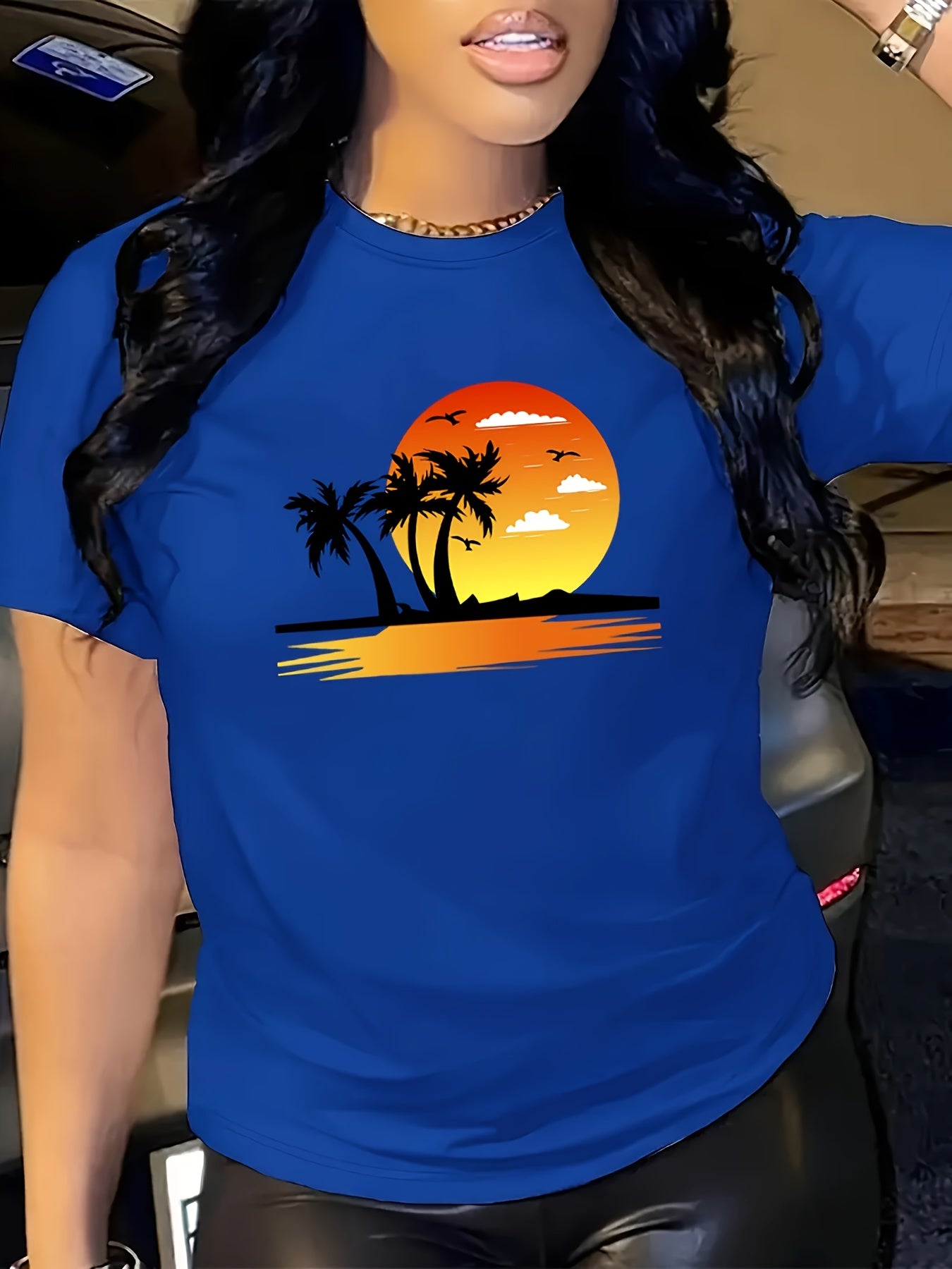 Beach Sunset Print Crew Neck T-shirt, Casual Short Sleeve Top For Spring & Summer, Women's Clothing