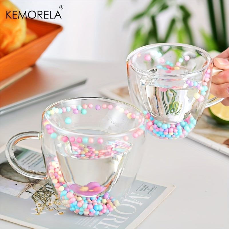 KEMORELA Double-Walled Glass Coffee Mug with Love Beads - Reusable, Dishwasher Safe, Perfect for Espresso & Juice - Ideal Gift for Holidays