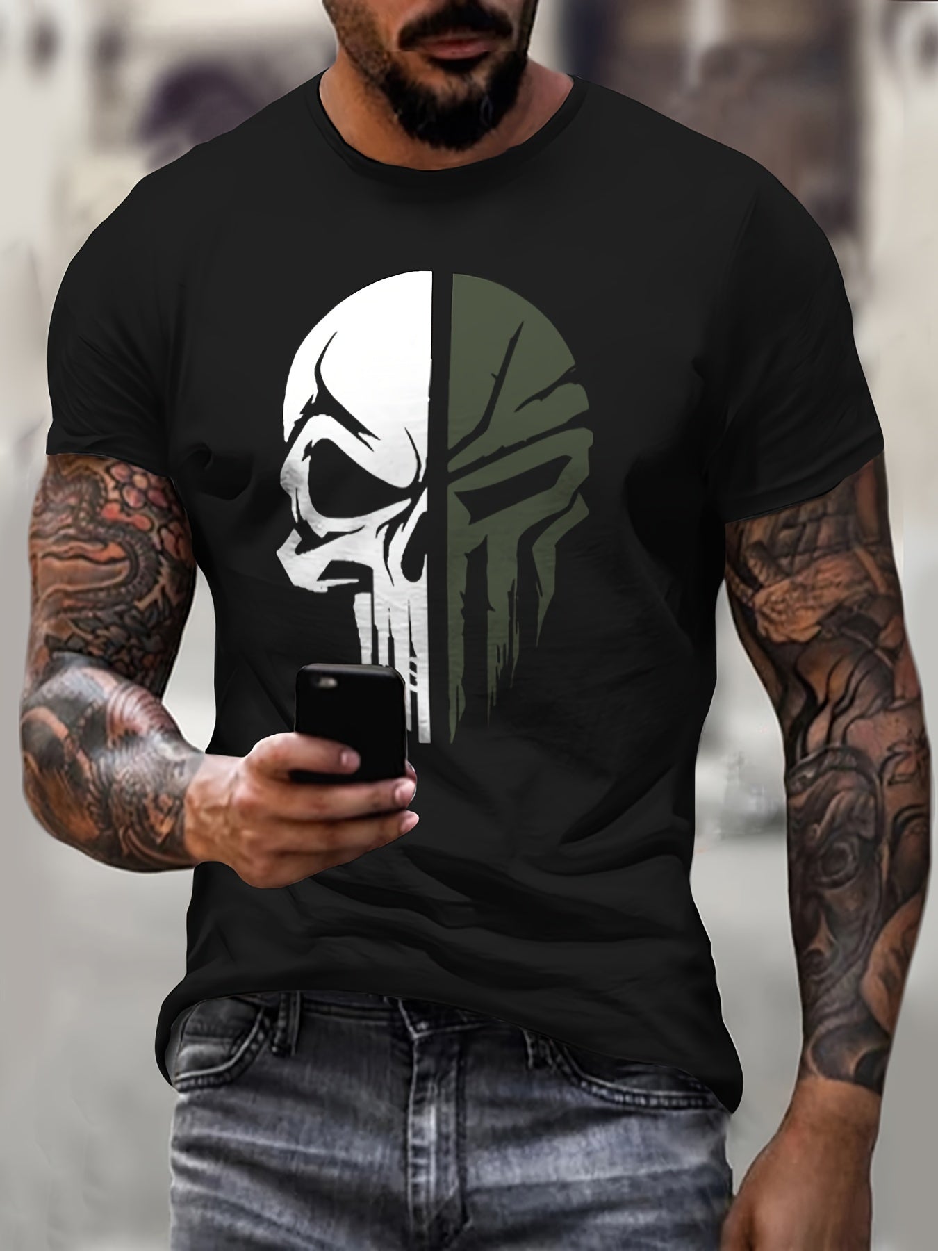 Men's Stylish Skull Pattern Shirt, Casual Breathable Crew Neck Short Sleeve Tee Top For City Walk Street Hanging Outdoor Activities