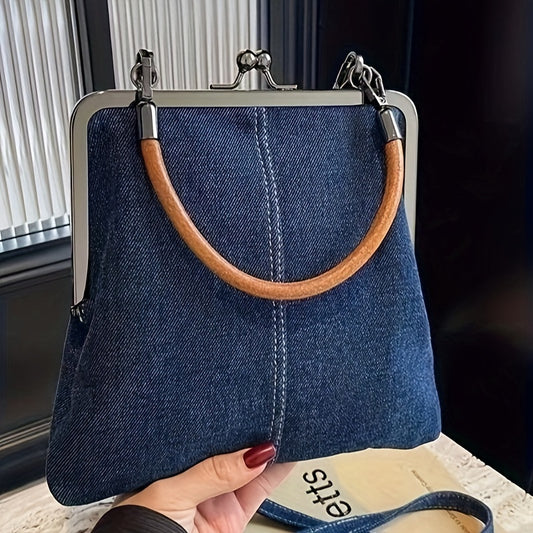 Chic Denim Crossbody Bag for Women with Twist Lock Closure, Detachable Strap & Tassel Accent - Foldable Handmade Purse, Polyester Lined, Hand Washable - Blue/Light Blue